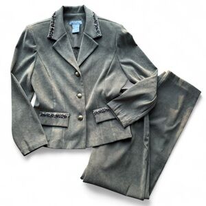 Koret Vintage 2-Piece Set Olive Blazer with Leopard Accent & Matching Pants Sz 8